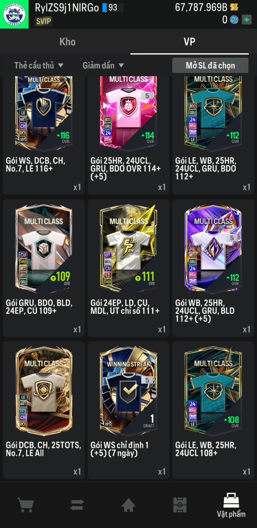 Ảnh ACC mở thẻ (LOẠI SVIP PROMAX) bao gồm 1 gói thẻ +12, thẻ PRIME và 1000+ thẻ cầu thủ từ Siêu sao đến Miền núi các loại. Có sẵn BP trắng trong acc từ 57.000 tỷ BP đến 67.000 tỷ BP, kèm theo nhiều ngày SVIP